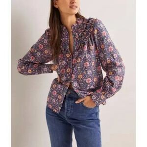 Boden Womens Blouse Top UK 10 US 6 Midnight Blue Frilled High Neck T1065 NWT